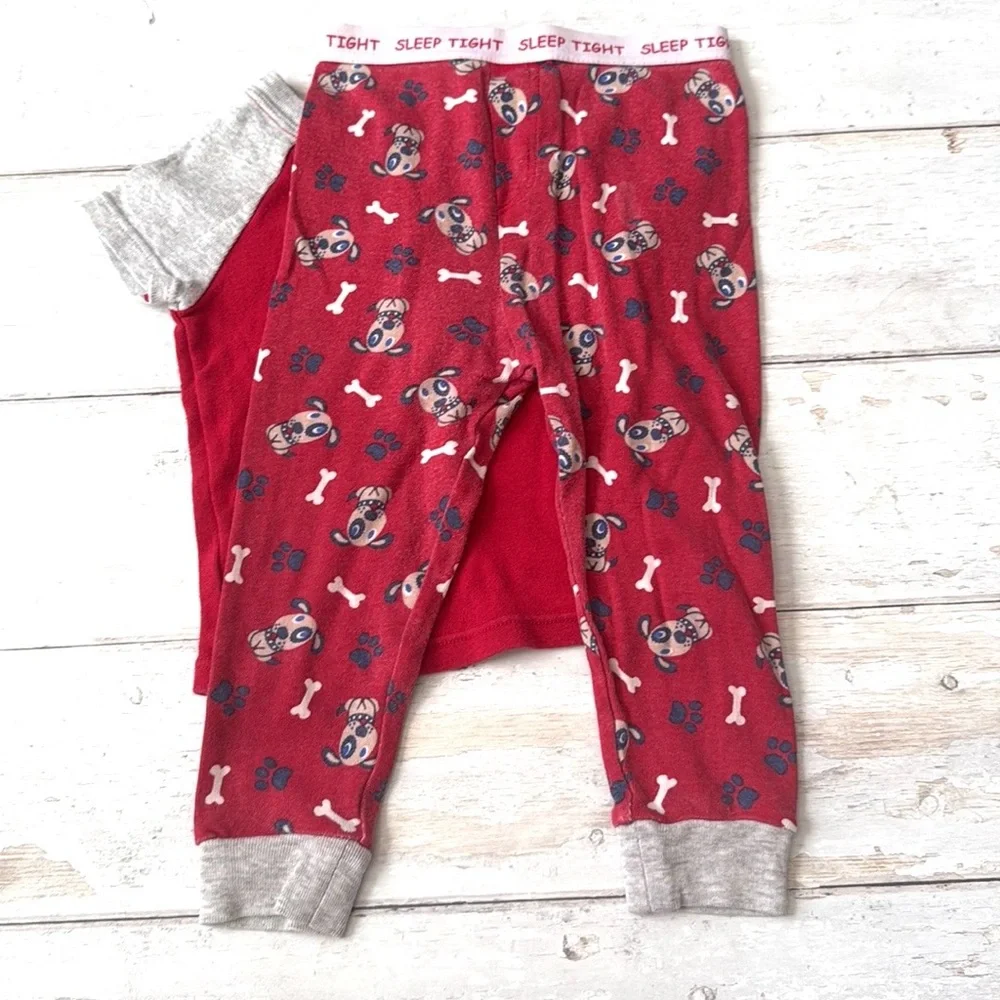 Faded Glory 18m Baby Boys Dog Print Pajamas Pjs Set Toddler Red Gray Top Pants